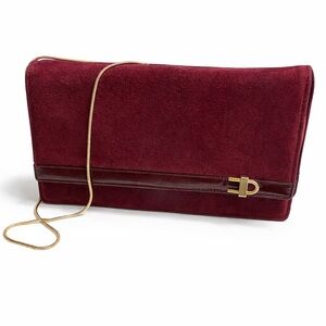 Vintage Burgundy Suede Clutch with Gold Chain Strap